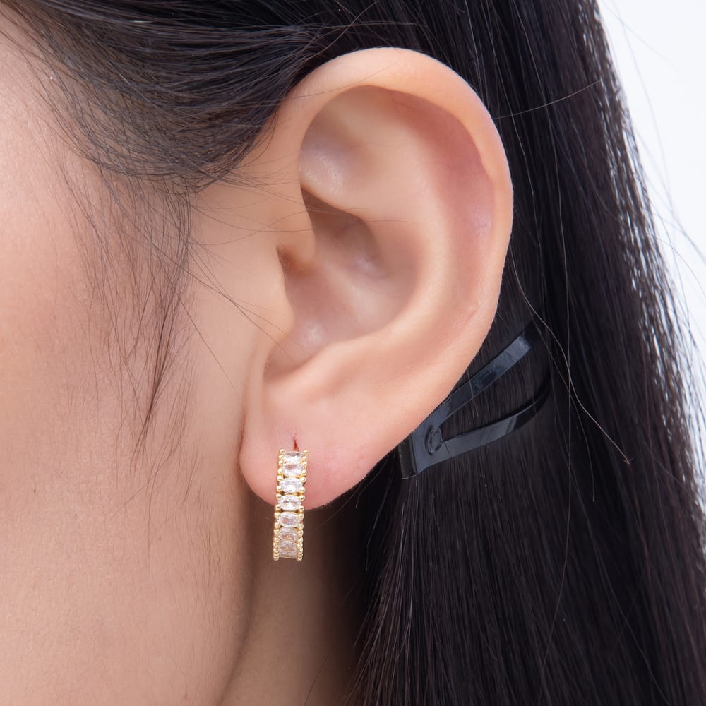 16K Gold Filled 16mm Clear CZ Oval Lined C-Shaped Hoop Earrings | Earrings-01094