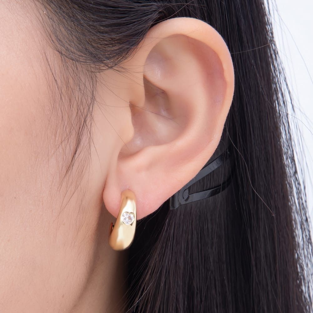 16K Gold Filled 24mm Clear CZ Heart Dome C-Shaped Hoop Earrings | Earrings-01100