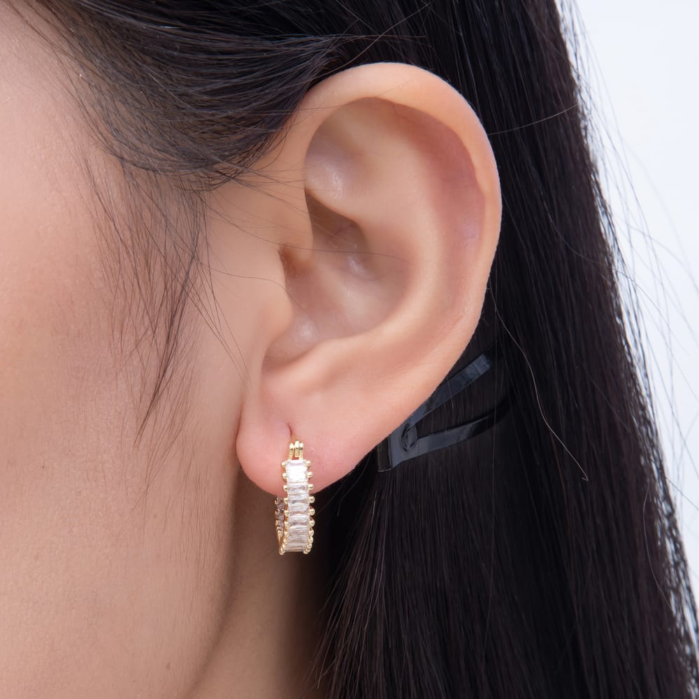 16K Gold Filled 17mm Baguette CZ Lined Front Facing Latch Hoop Earrings | Earrings-01098