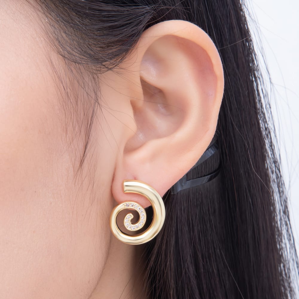 16K Gold Filled 20mm Clear Micro Paved CZ Spiral Swirl Geometric Stud Earrings | Earrings-01086