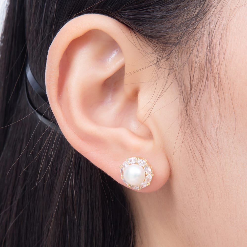 16K Gold Filled 11.5mm Clear Oval CZ Shell Pearl Round Stud Earrings in Gold & Silver | Earrings-01007 Earrings-01008
