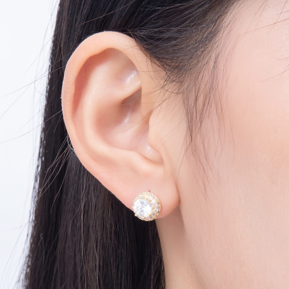 16K Gold Filled 16mm Clear Micro Paved CZ Round Solitaire Stud Earrings in Gold & Silver | Earrings-01013 Earrings-01014