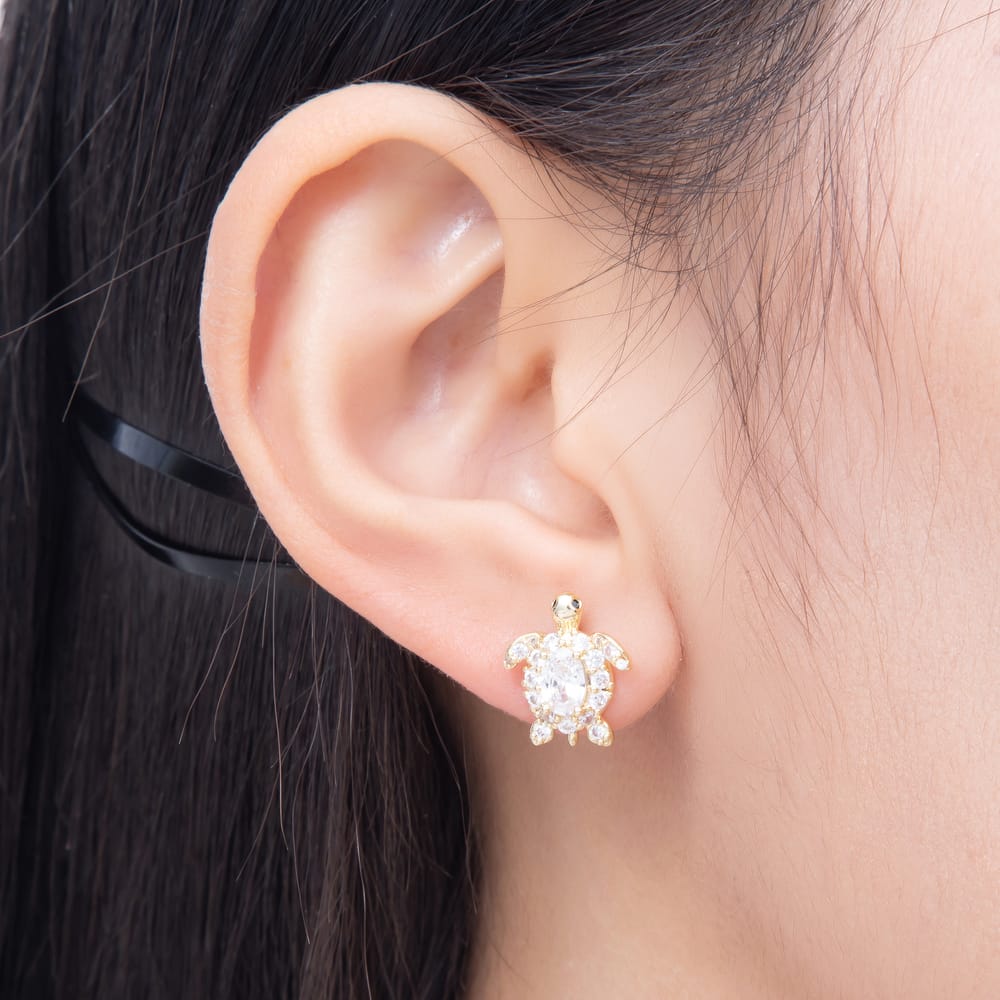 16K Gold Filled 14mm Oval Micro Paved CZ Turtle Stud Earrings in Gold & Silver | Earrings-01005 Earrings-01006