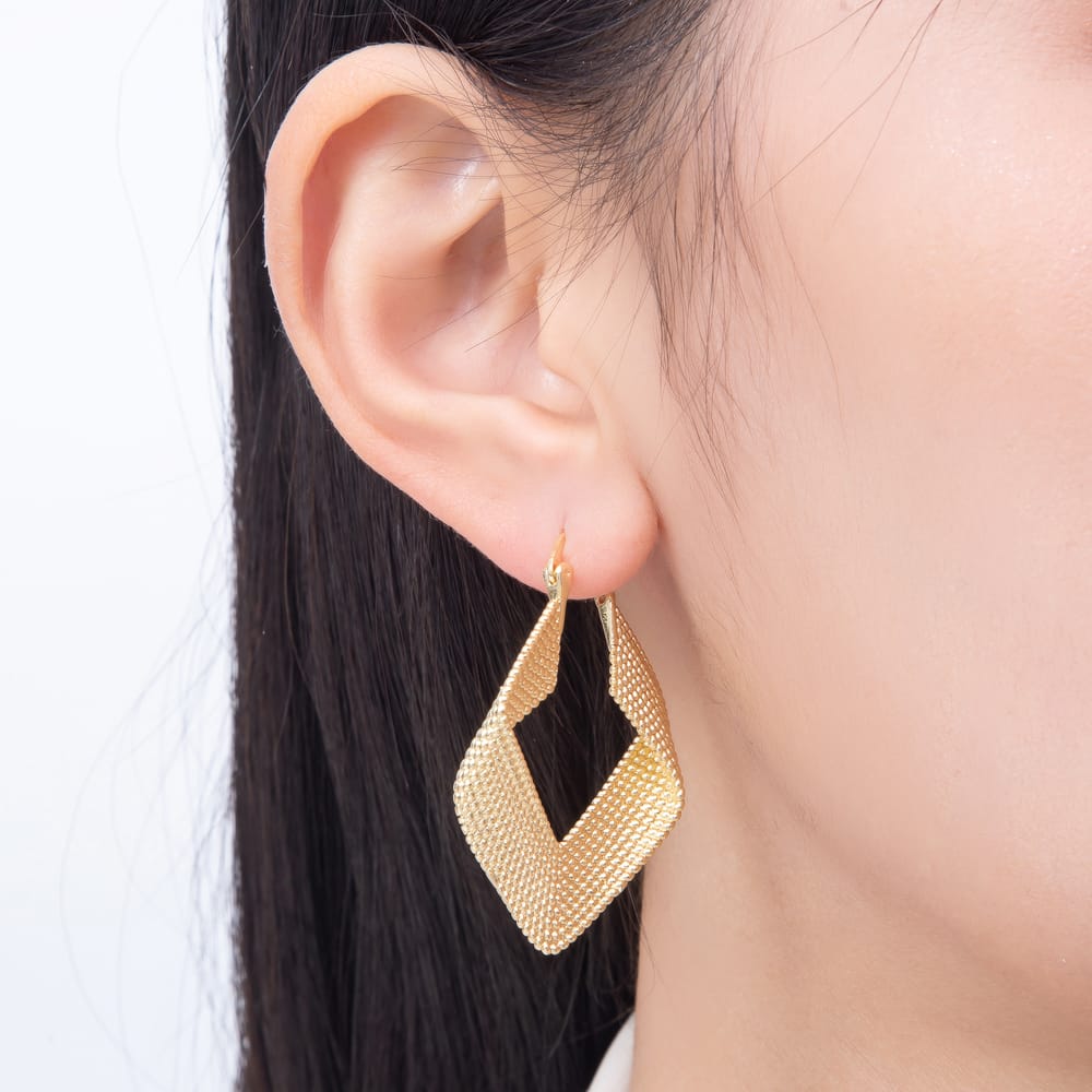 16K Gold Filled 41mm Wide Twist Rope Band Rhombus Geometric Latch Hoop Earrings | Earrings-01140