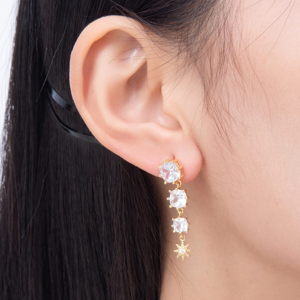 16K Gold Filled 35mm Clear CZ Square Sun Celestial Drop Stud Earrings in Gold & Silver | Earrings-01055 Earrings-01056