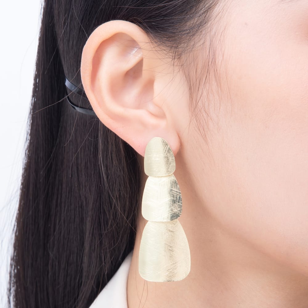 16K Gold Filled 62mm Triple Lined Textured Geometric Drop Earrings | Earrings-01139