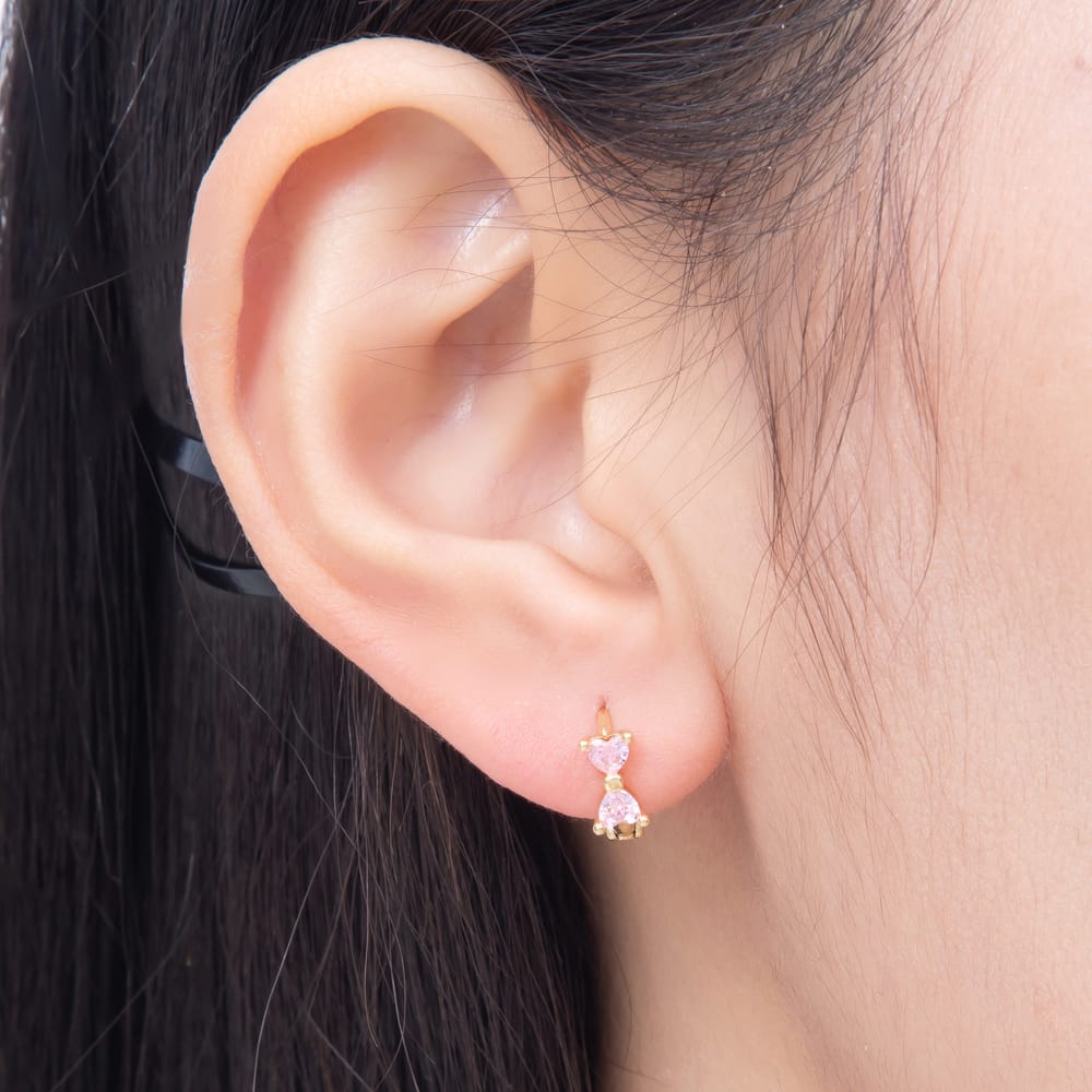 16K Gold Filled 12.5mm Clear, Pink CZ Ribbon Bow Cartilage Huggie in Gold & Silver | Earrings-01068 ~ Earrings-01071