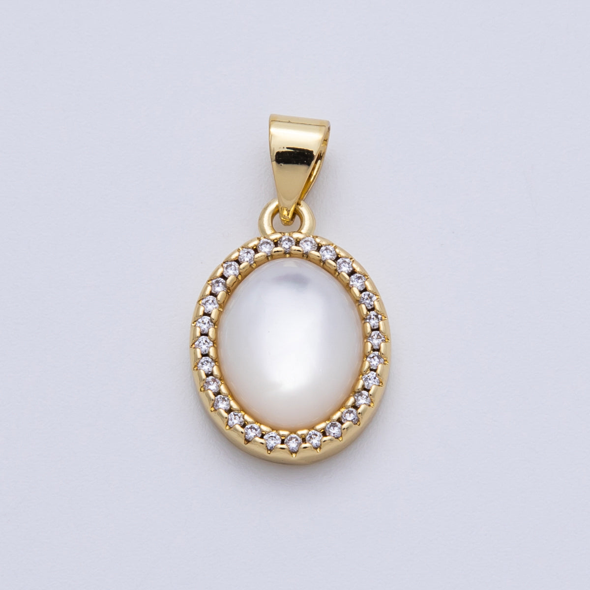 14K Gold Filled 16mm Shell Pearl Cabochon Micro Paved CZ Oval Pendant | AA1510