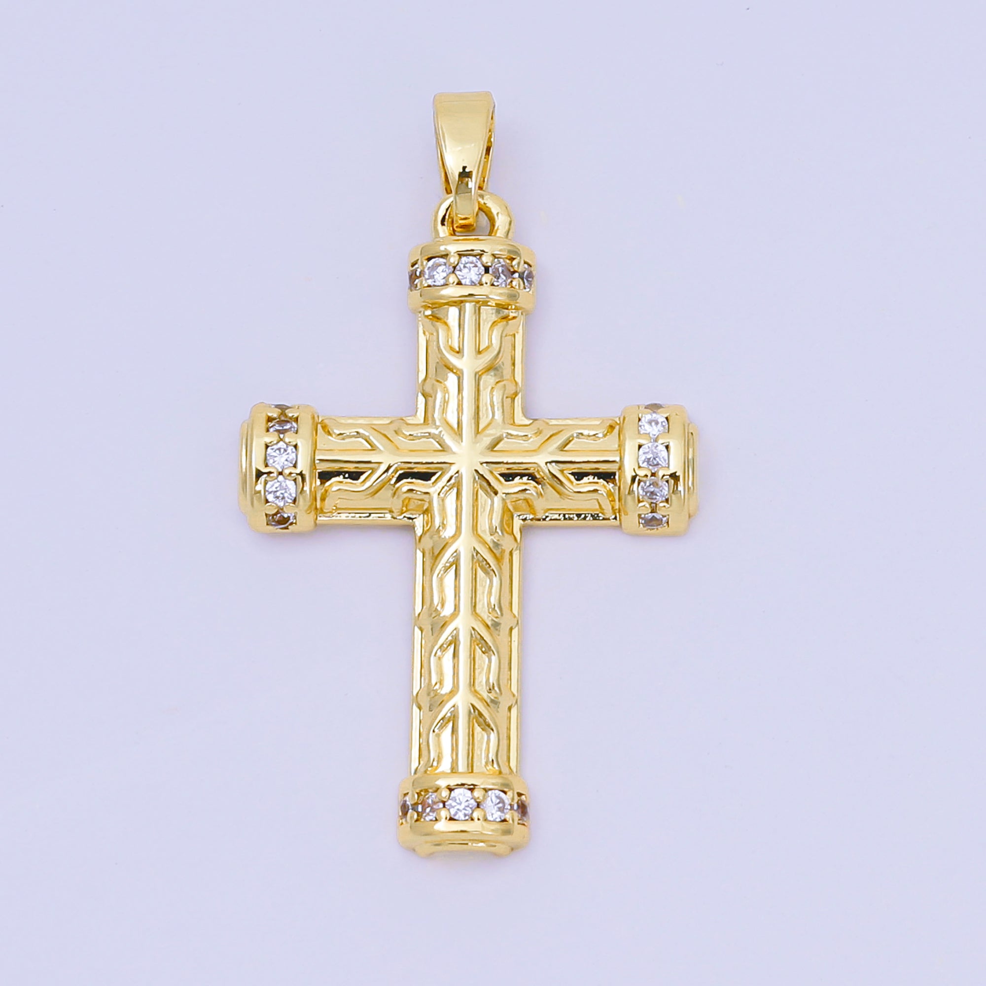 24K Gold Filled 30mm Micro Paved CZ Artisan Geometric Religious Cross Pendant | AA1597