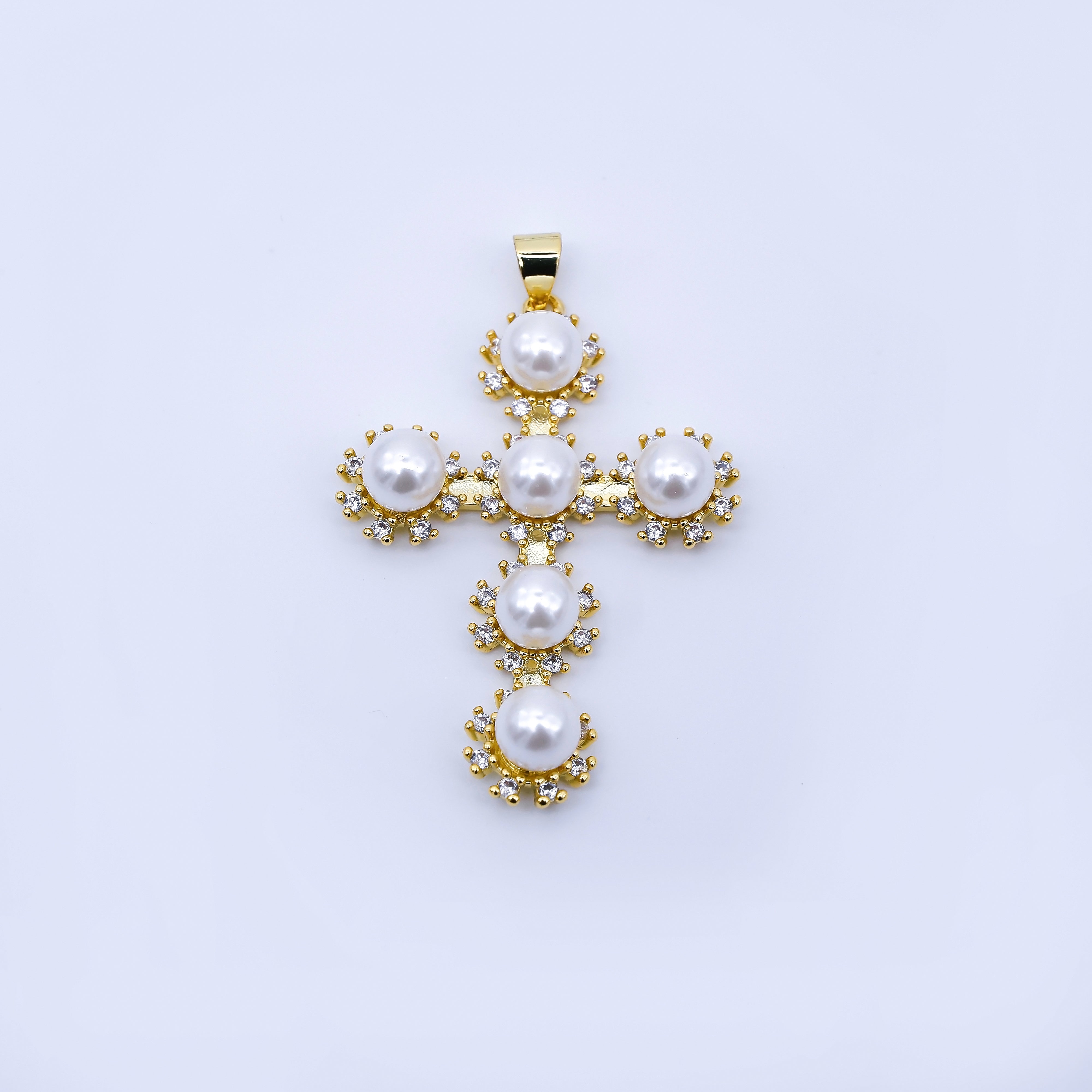 24K Gold Filled 40mm Shell Pearl Micro Paved CZ Religious Cross Pendant | AA1671