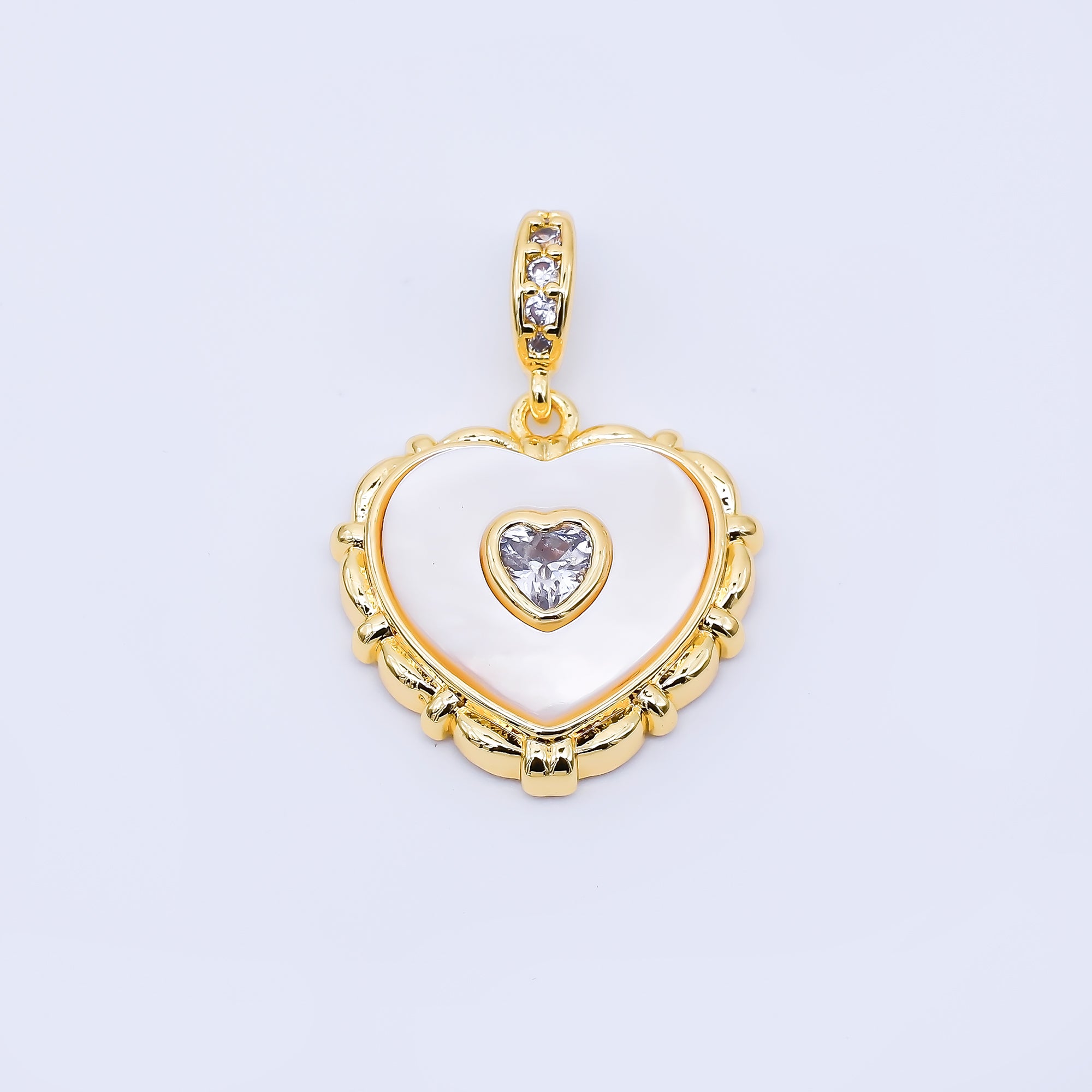 24K Gold Filled 18mm Clear Micro Paved CZ Shell Pearl Bezel Heart Pendant in Gold & Silver | AA1682