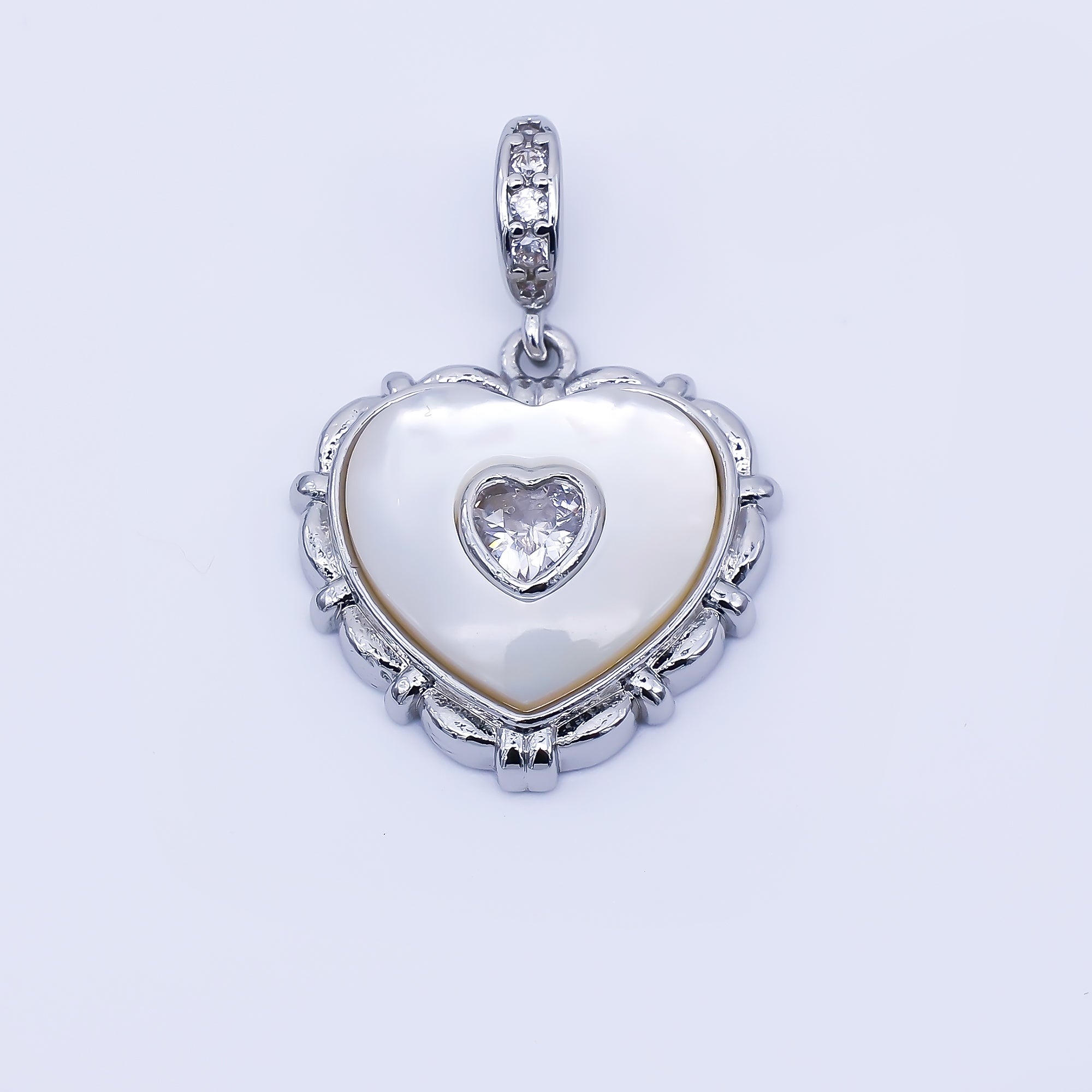 24K Gold Filled 18mm Clear Micro Paved CZ Shell Pearl Bezel Heart Pendant in Gold & Silver | AA1682