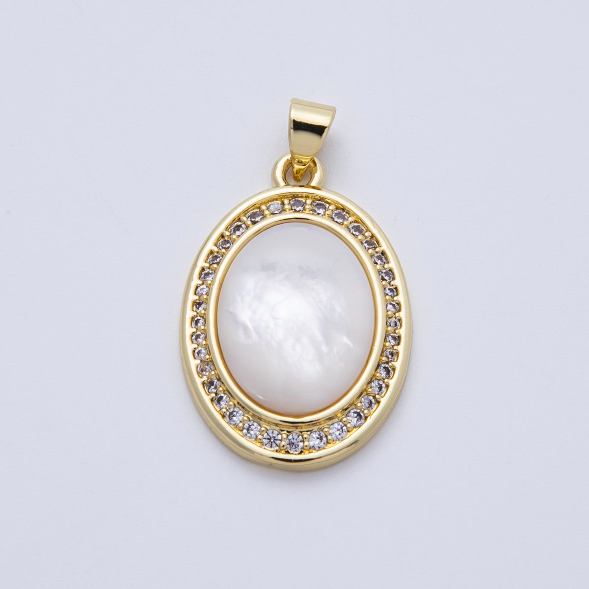 14K Gold Filled 26.5mm Shell Pearl Micro Paved CZ Cabochon Oval Pendant | AA1689