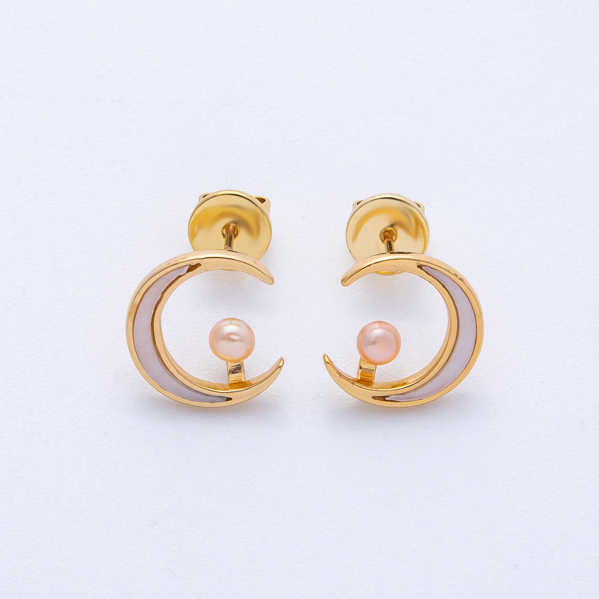 18K Gold Filled 14mm Celestial Crescent Moon Shell Pearl Stud Earrings | AB1675