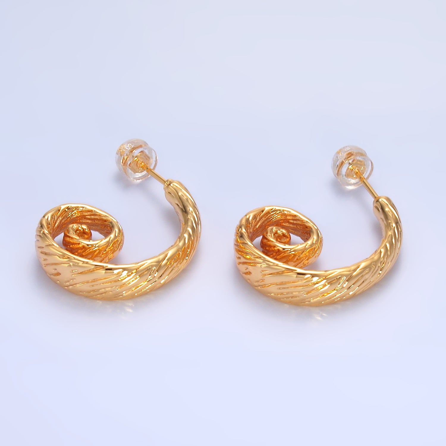 24K Gold Filled 25mm Line-Textured Circular J-Shaped Hoop Earrings | AB1470