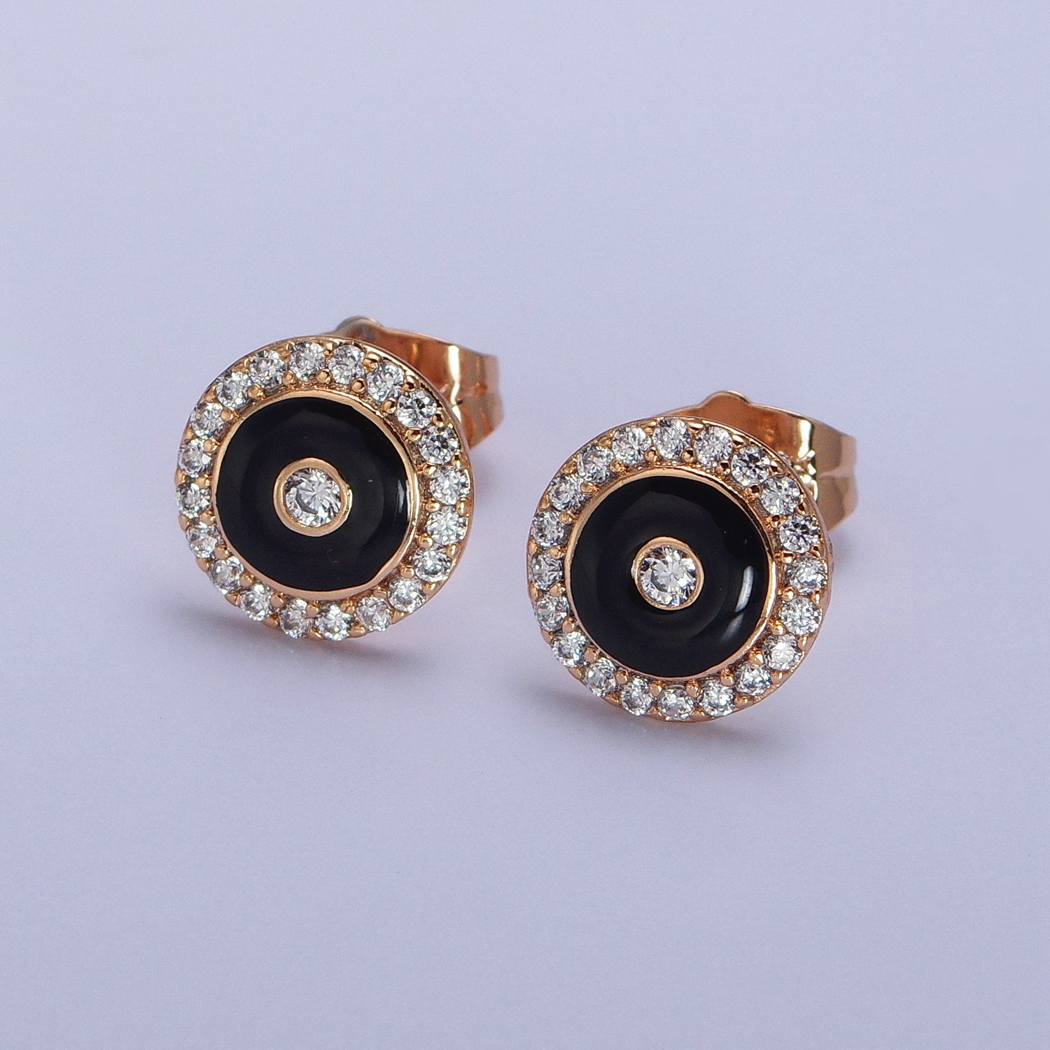 18K Gold Filled 10mm Black, Red, White Enamel Micro Paved CZ Round Stud Earrings | AB290 - AB292
