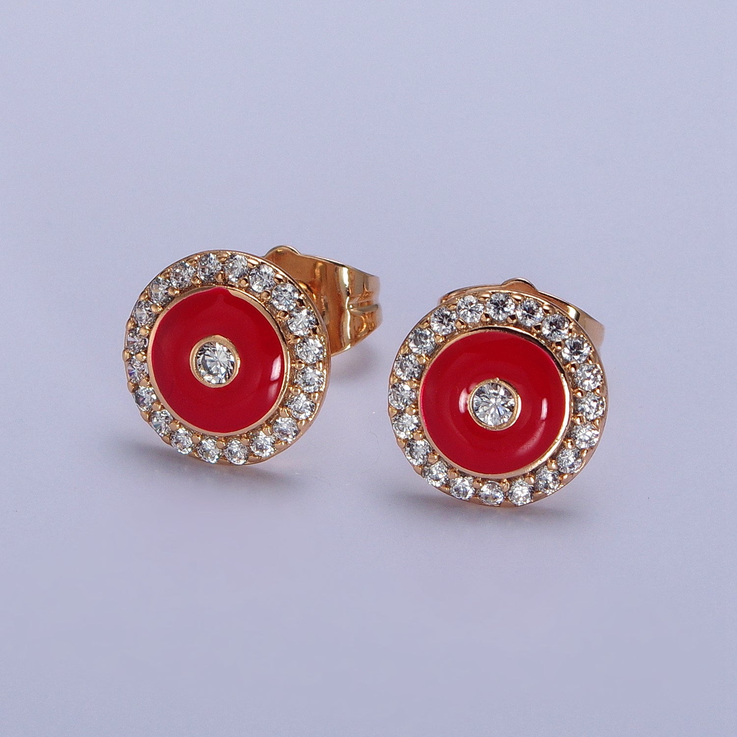 18K Gold Filled 10mm Black, Red, White Enamel Micro Paved CZ Round Stud Earrings | AB290 - AB292