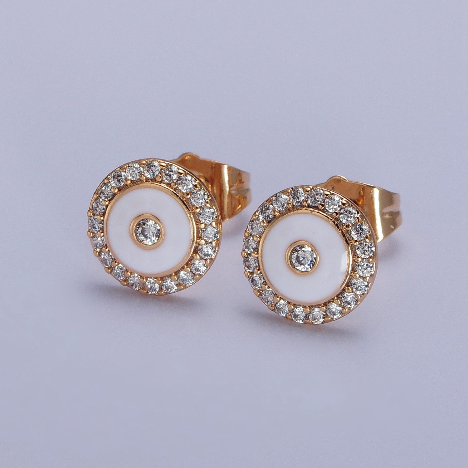 18K Gold Filled 10mm Black, Red, White Enamel Micro Paved CZ Round Stud Earrings | AB290 - AB292