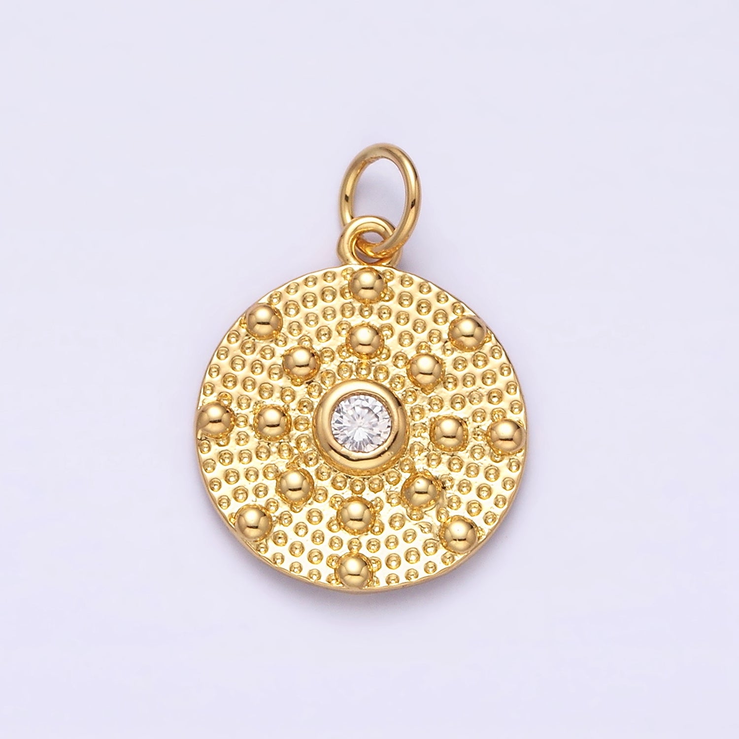 14K Gold Filled 20mm Clear CZ Hammered Beaded Bubble Round Charm | AC1150