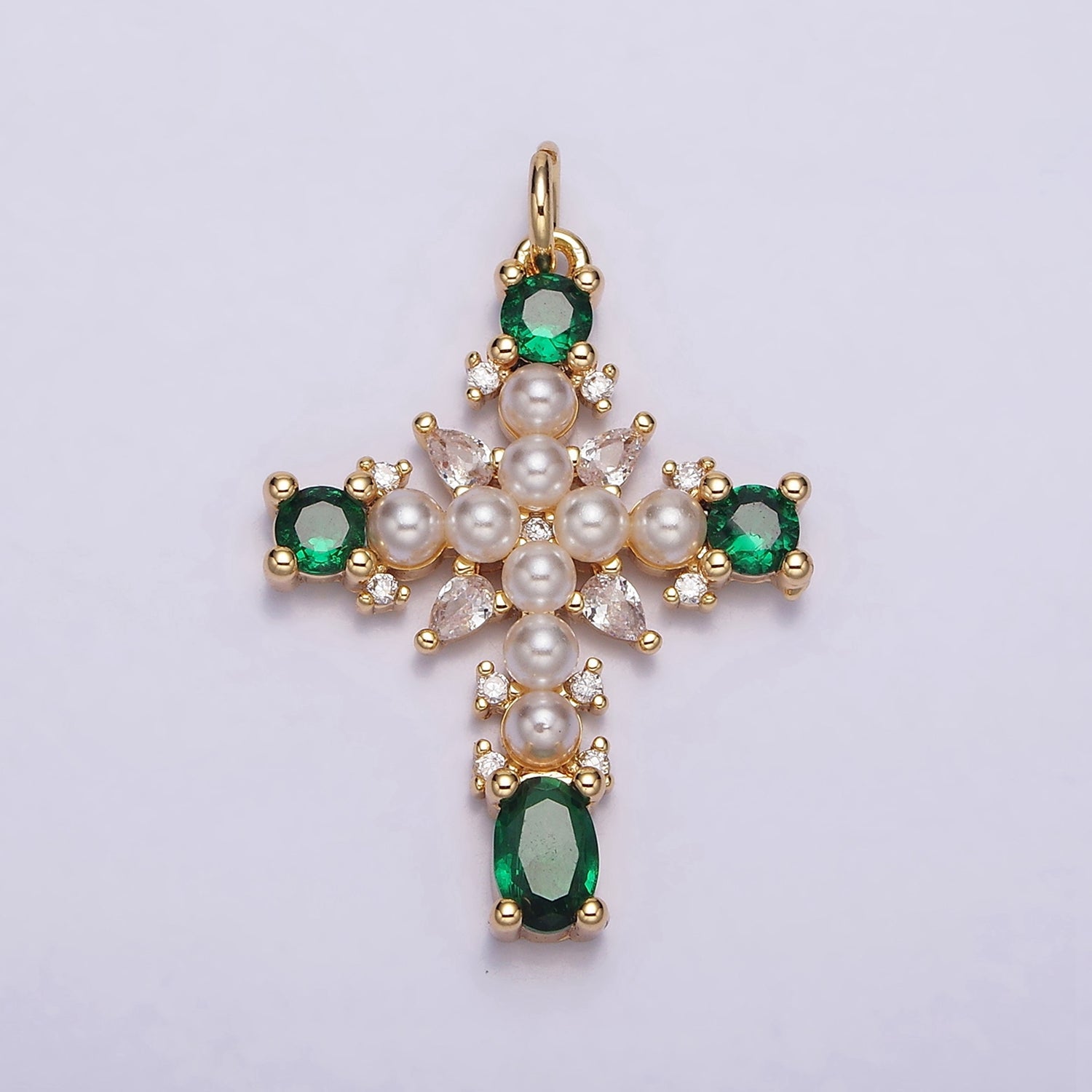 16K Gold Filled Green, Clear CZ Pearl Teardrop Religious Cross Charm in Gold & Silver | AC1416 - AC1419
