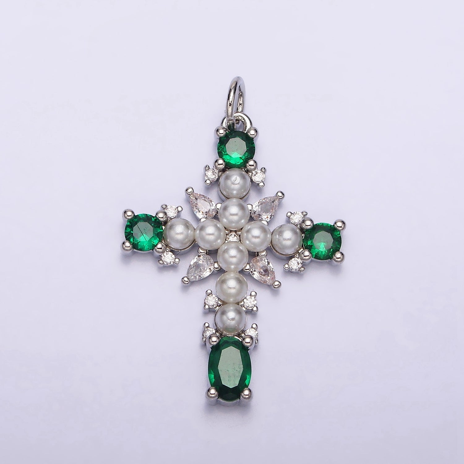 16K Gold Filled Green, Clear CZ Pearl Teardrop Religious Cross Charm in Gold & Silver | AC1416 - AC1419