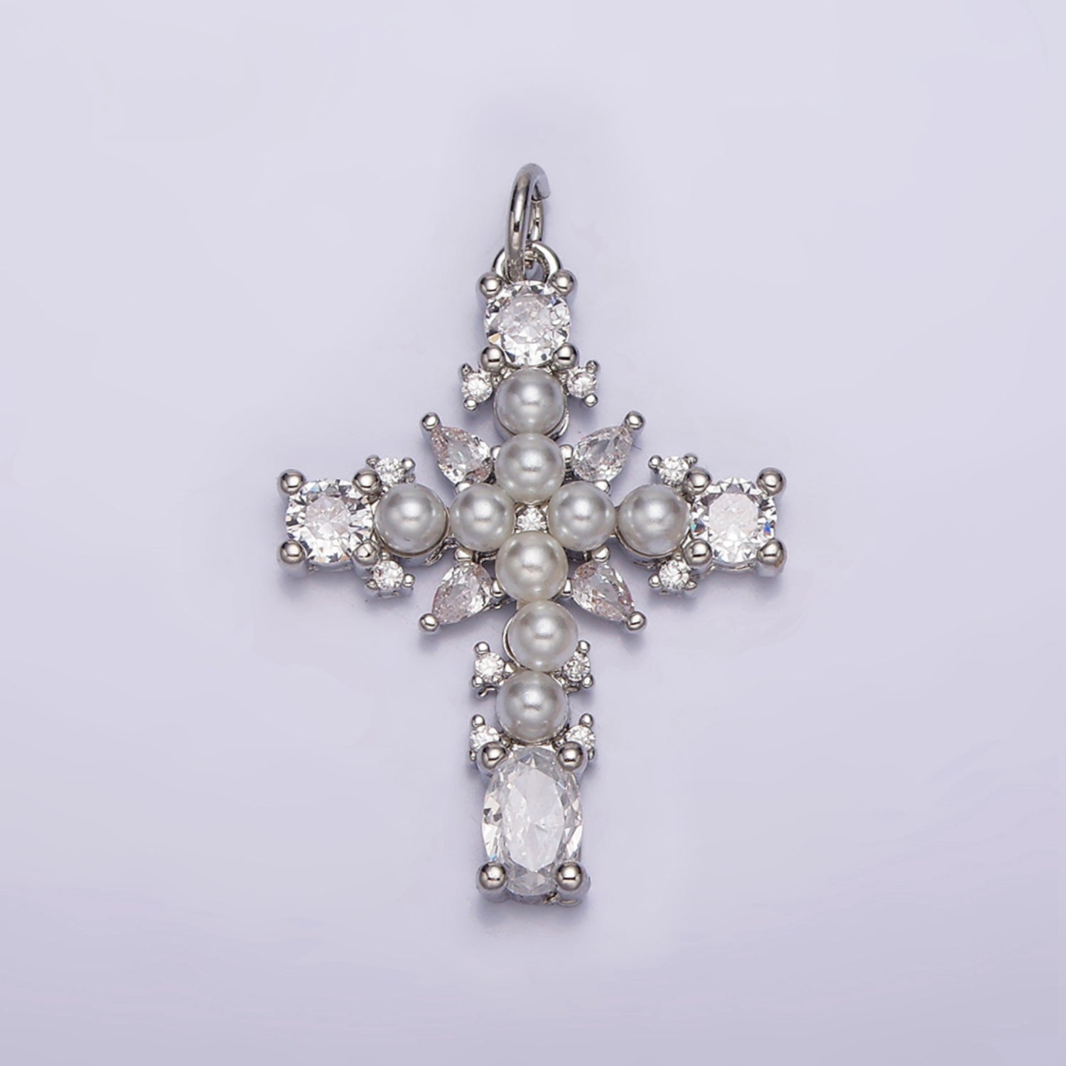 16K Gold Filled Green, Clear CZ Pearl Teardrop Religious Cross Charm in Gold & Silver | AC1416 - AC1419