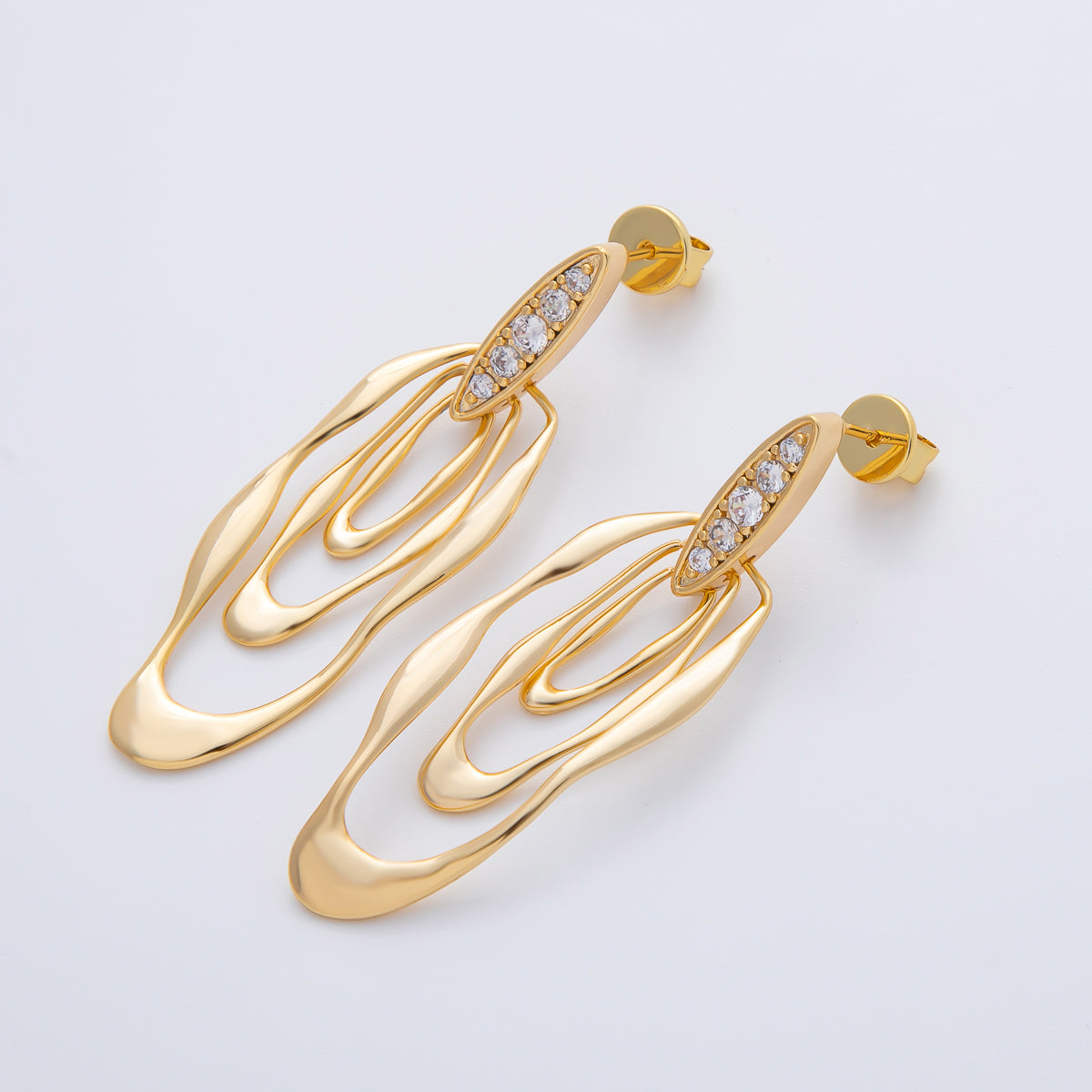 18K Gold Filled 50mm Micro Paved CZ Wavy Molten Oval Drop Stud Earrings | AD1590
