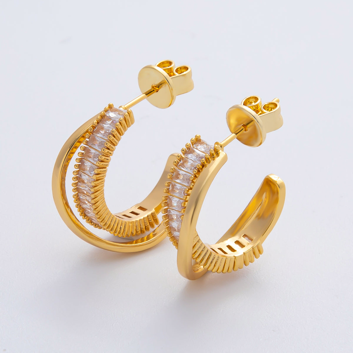 18K Gold Filled 20mm Baguette CZ Double Band C-Shaped Hoop Earrings | AD1599