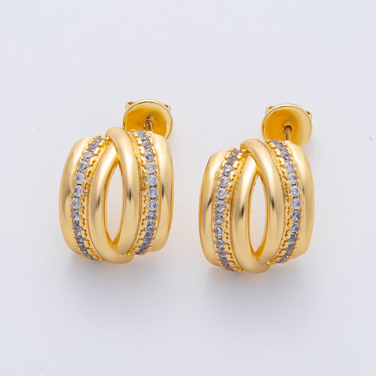 18K Gold Filled 15mm Micro Paved Double Band C-Shaped Hoop Earrings | AD1609