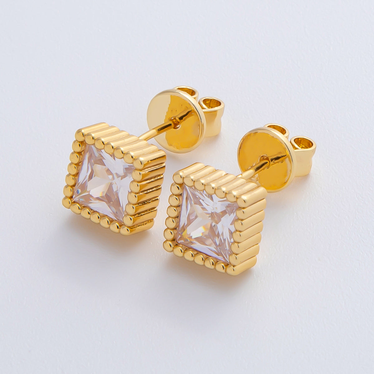 18K Gold Filled 8mm Clear CZ Square Ribbed Bezel Stud Earrings | AD1614