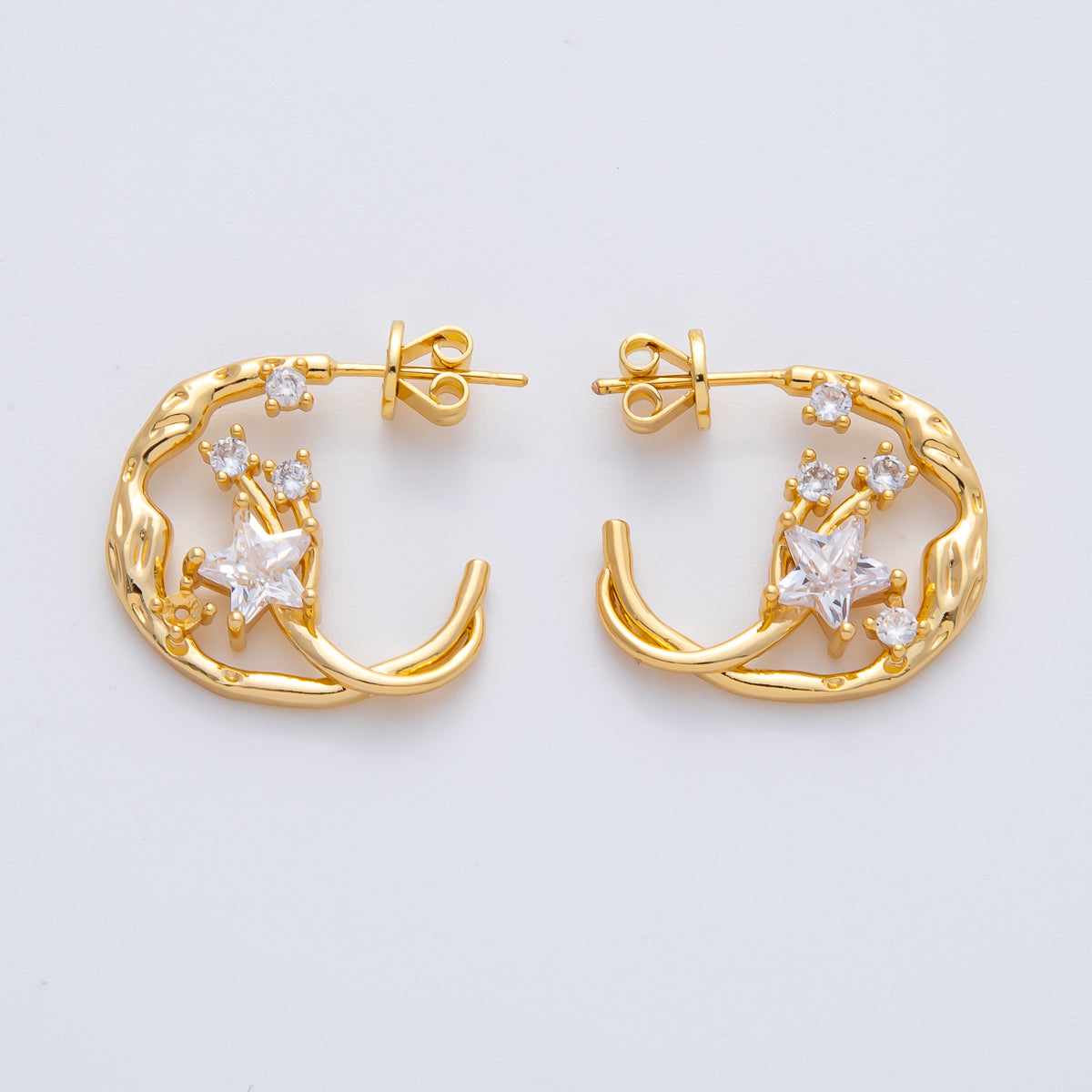 18K Gold Filled 20mm Celestial Star CZ Molten C-Shaped Hoop Earrings | AD1615
