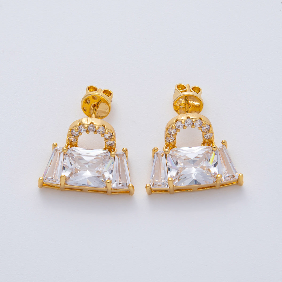 18K Gold Filled 17.5mm Clear Baguette Micro Paved CZ Purse Bag Stud Earrings | AD1623