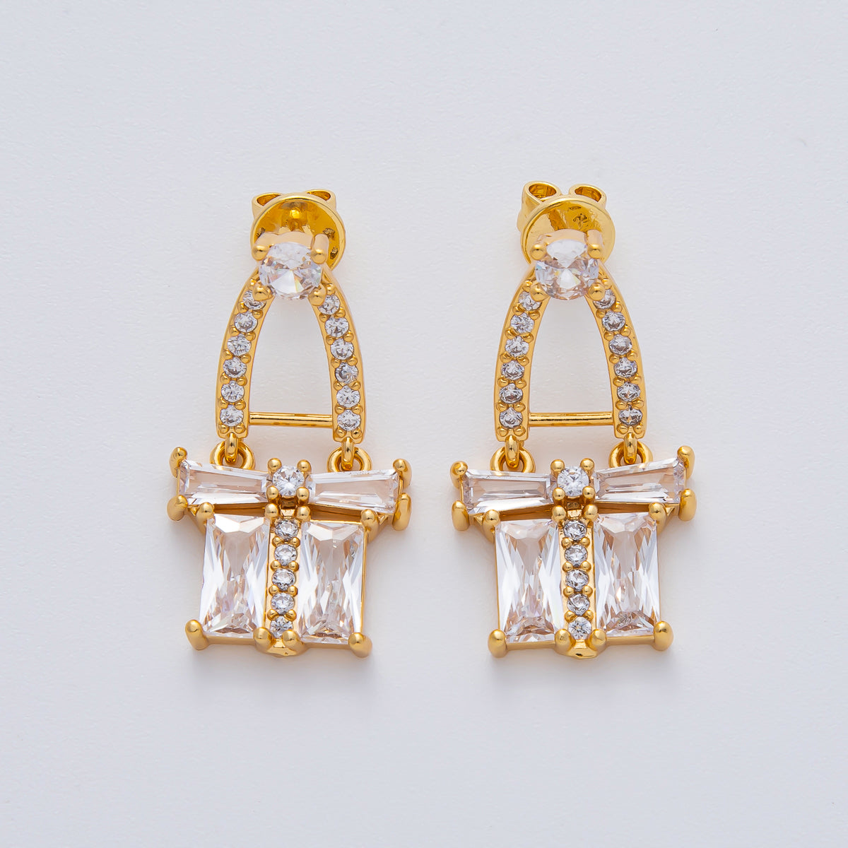 18K Gold Filled Clear Baguette Micro Paved CZ Geometric Drop Stud Earrings | AD1638