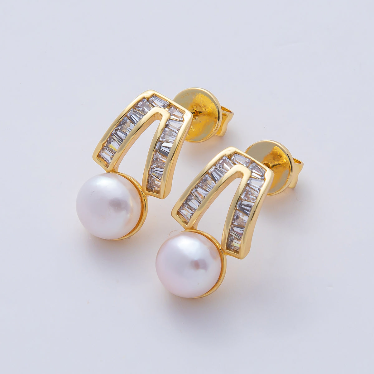 18K Gold Filled Clear CZ White and Pink Shell Pearl Geometric Baguette Upside Down V Shaped Stud Earrings | AD1640 AD1641