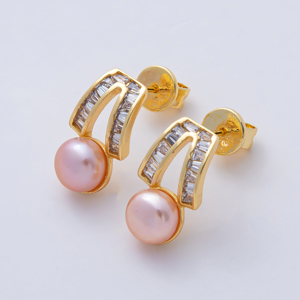 18K Gold Filled 16.5mm White, Pink Shell Pearl Geometric Baguette Drop Stud Earrings | AD1640 AD1641