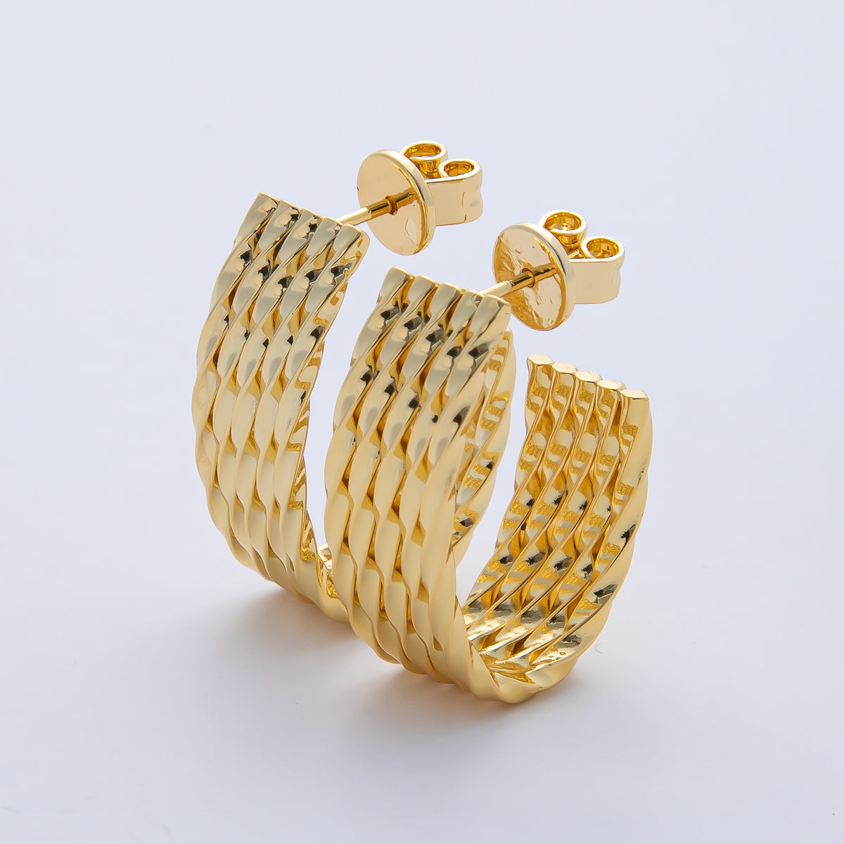 18K Gold Filled 25mm Twisted Multiple Band J-Shaped Hoop Earrings | AD1643