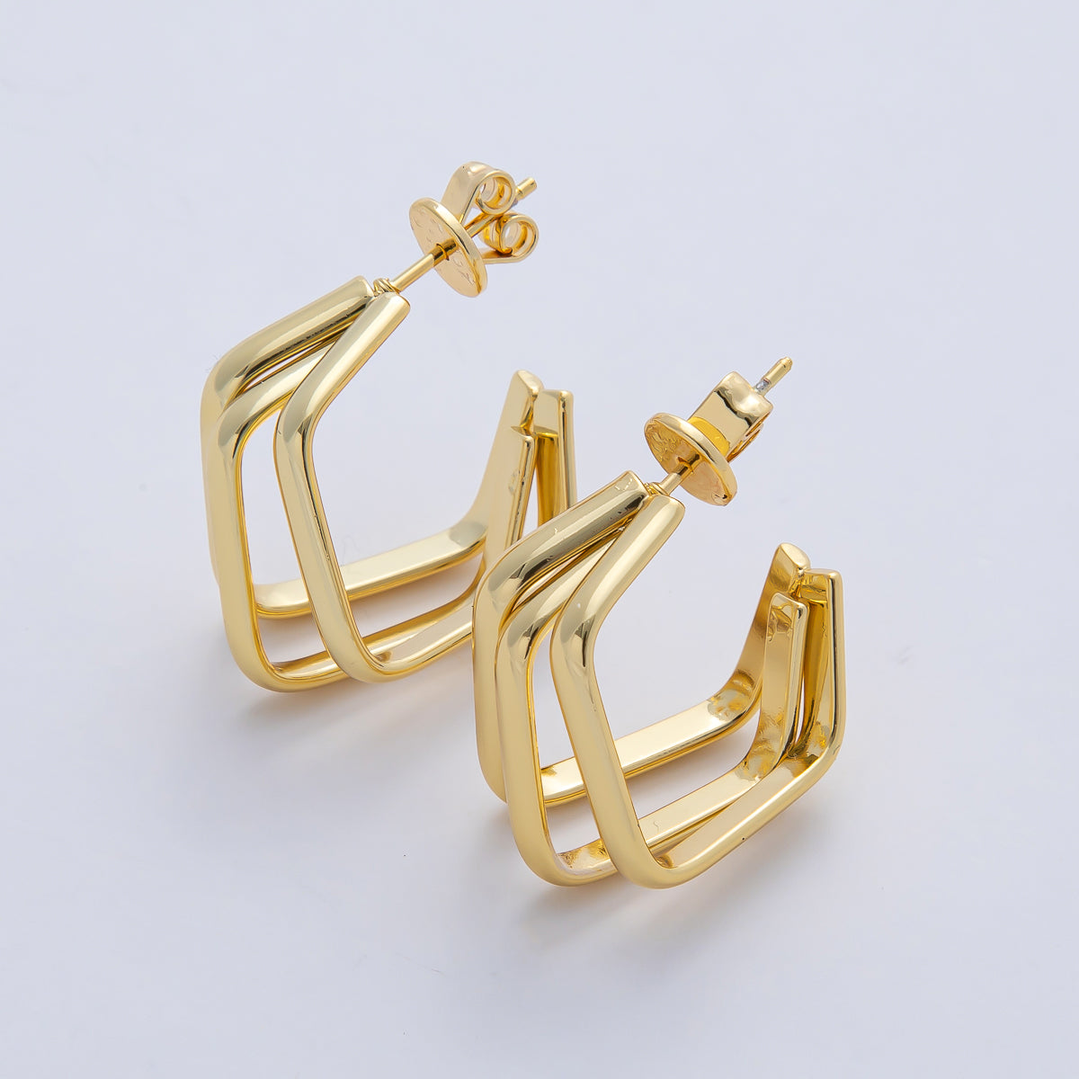 18K Gold Filled 20mm Triple Hexagon Geometric Claw C-Shaped Hoop Earrings | AD1648