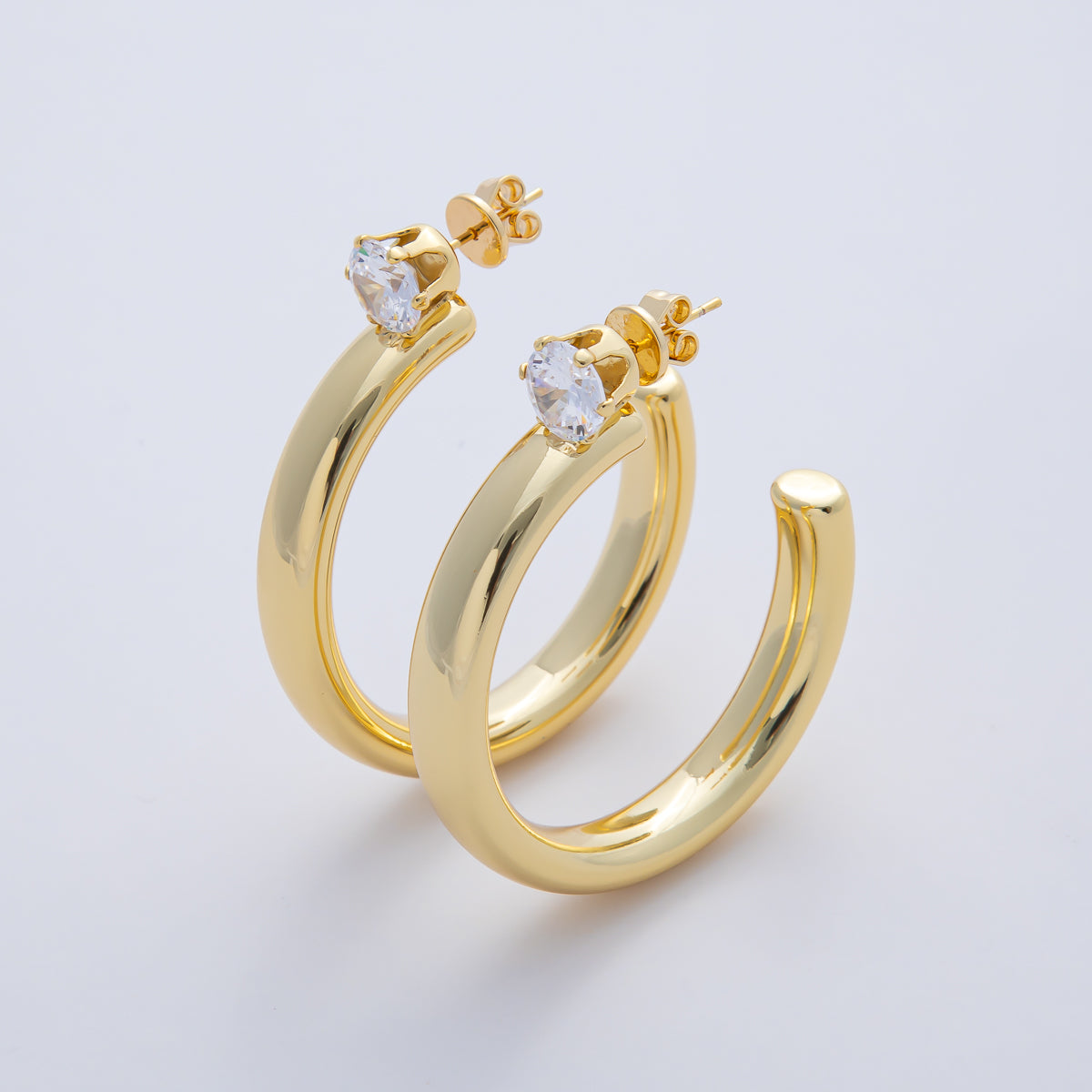 18K Gold Filled 48mm Clear CZ C-Shaped Hoop Earrings | AD1651