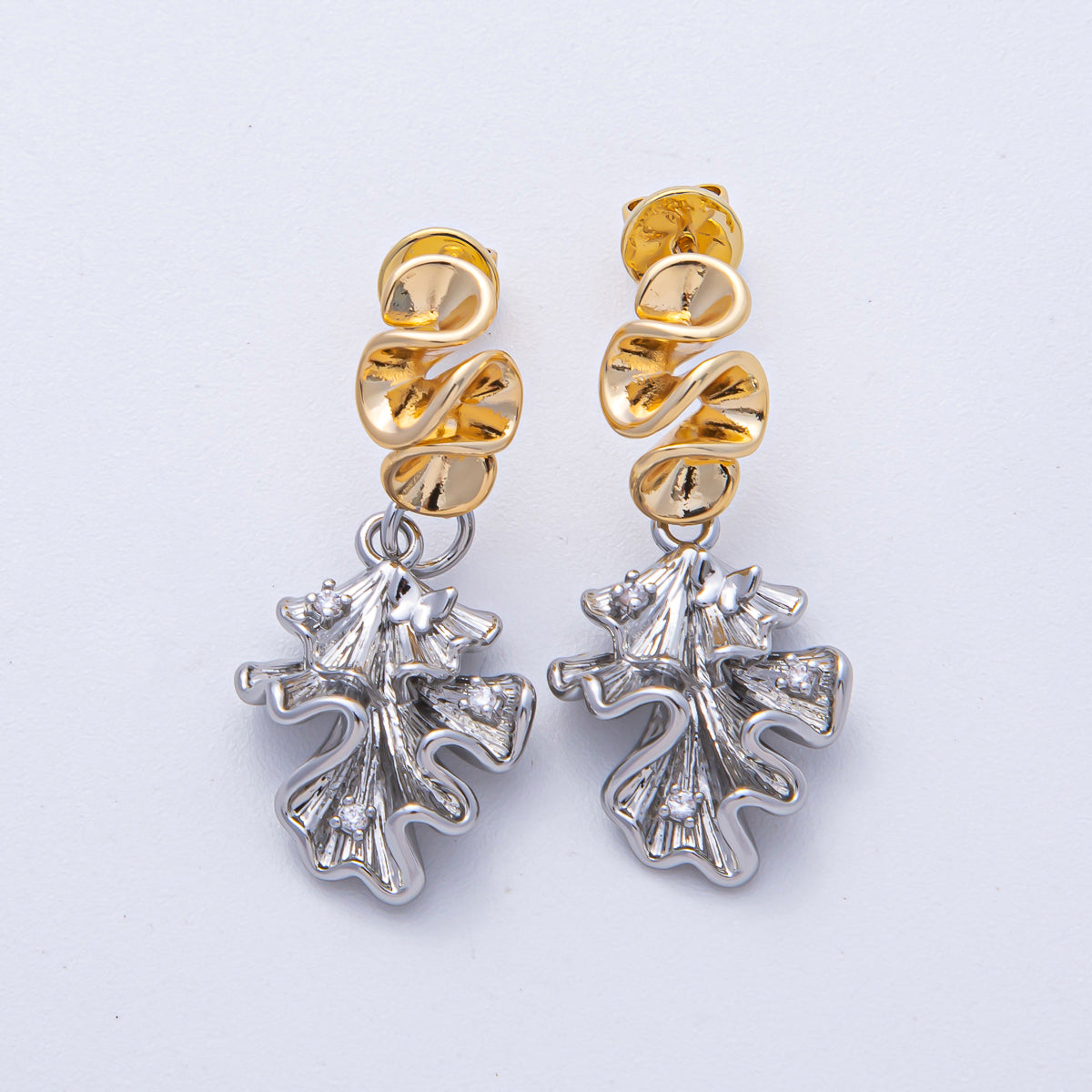 18K Gold Filled CZ Geometric Foil Mixed Metal Drop Stud Earrings | AD1674 AD1675