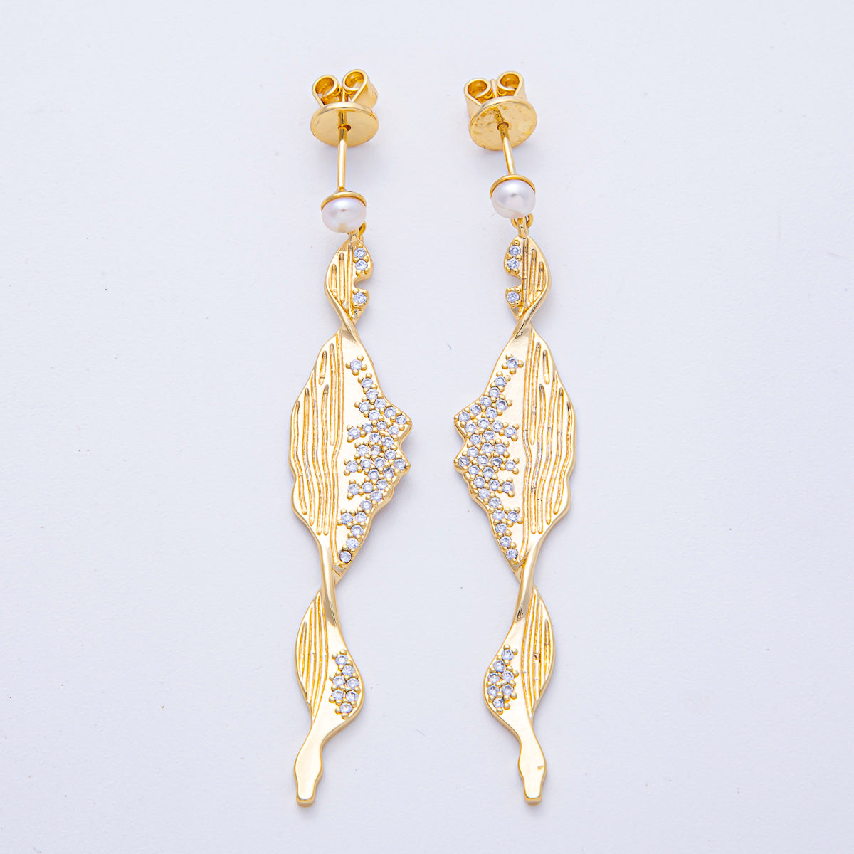 18K Gold Filled Shell Pearl Micro Paved CZ Lined Geometric Drop Stud Earrings in Gold & Silver | AD1680 AD1681