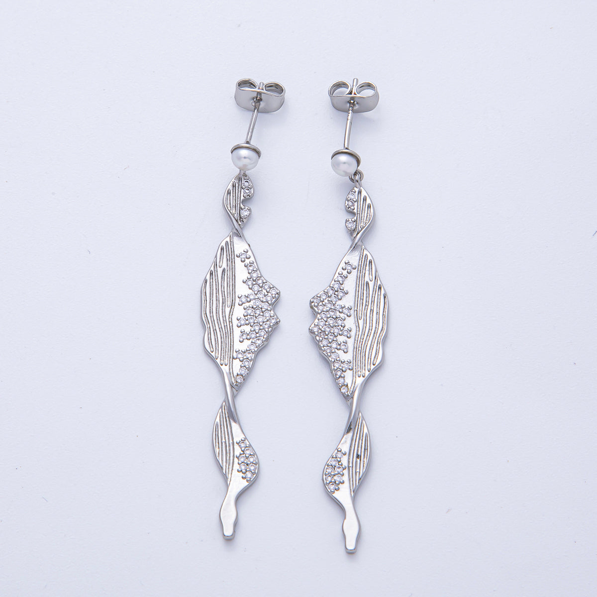 18K Gold Filled Shell Pearl Micro Paved CZ Lined Geometric Drop Stud Earrings in Gold & Silver | AD1680 AD1681