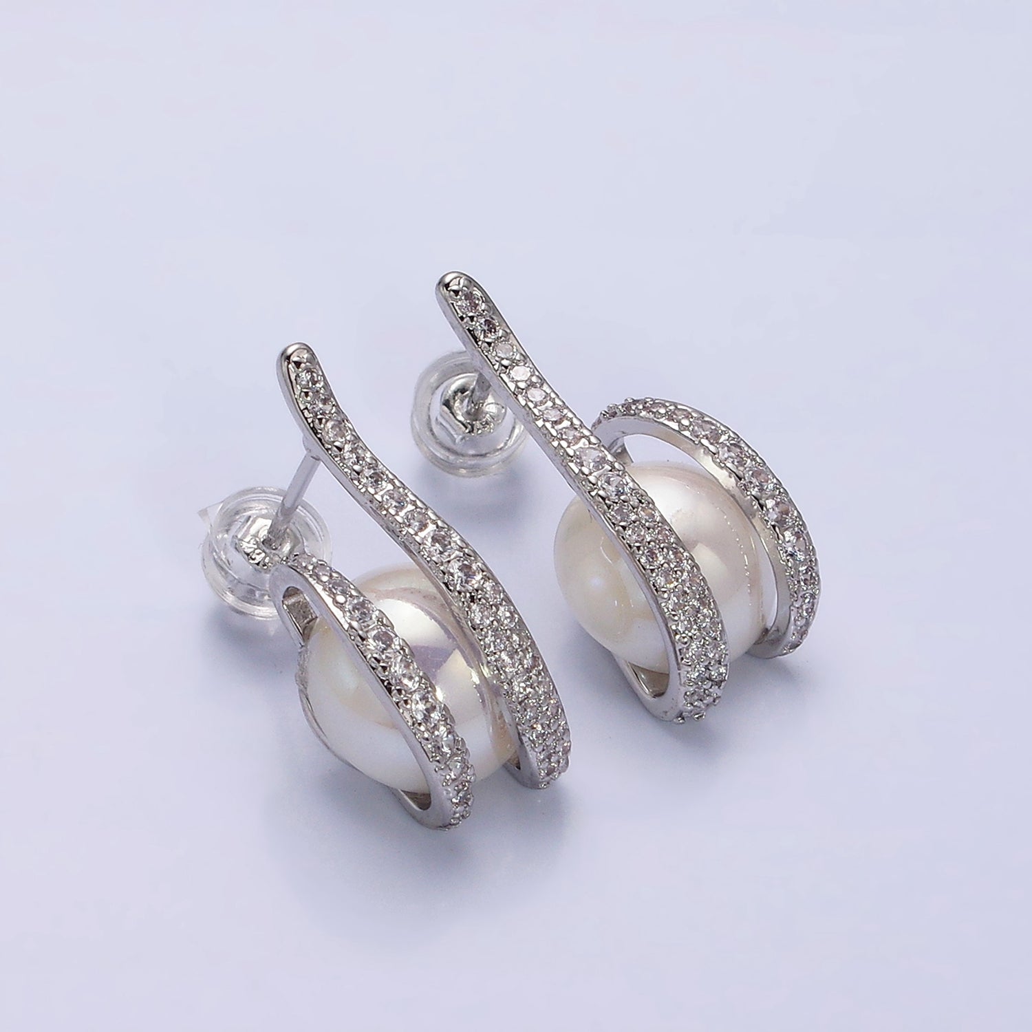 16K Gold Filled 21.5mm Iridescent Shell Pearl Micro Paved CZ Claw Drop Stud Earrings in Gold & Silver | AD972 AD973