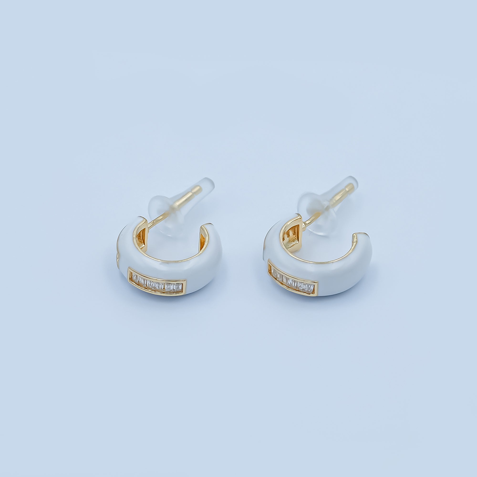 Black, White Enamel Baguette CZ C-Shaped Hoop Earrings in Gold & Silver | AE265 - AE73