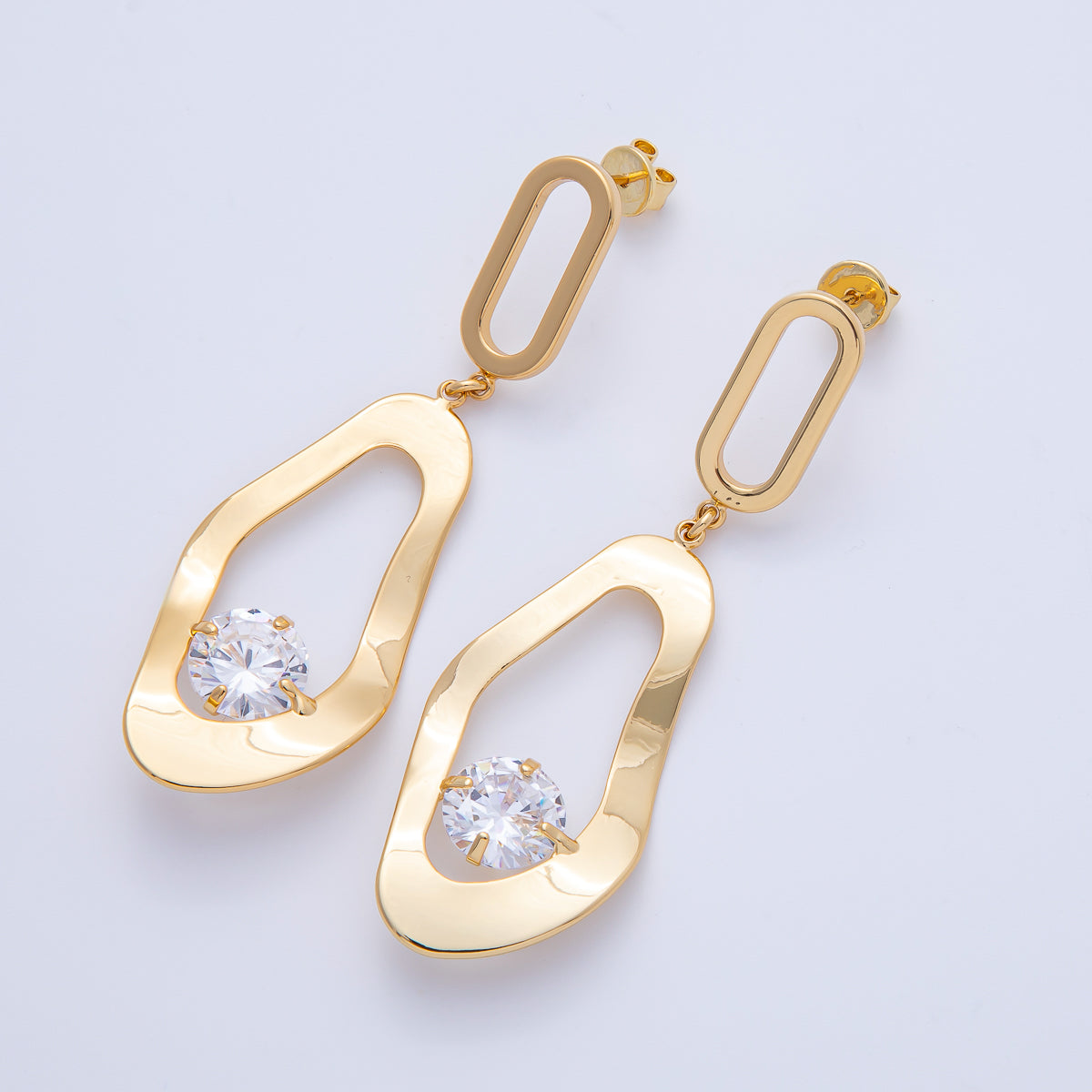 18K Gold Filled 68mm Clear CZ Hammered Paperclip Drop Stud Earrings | AE315