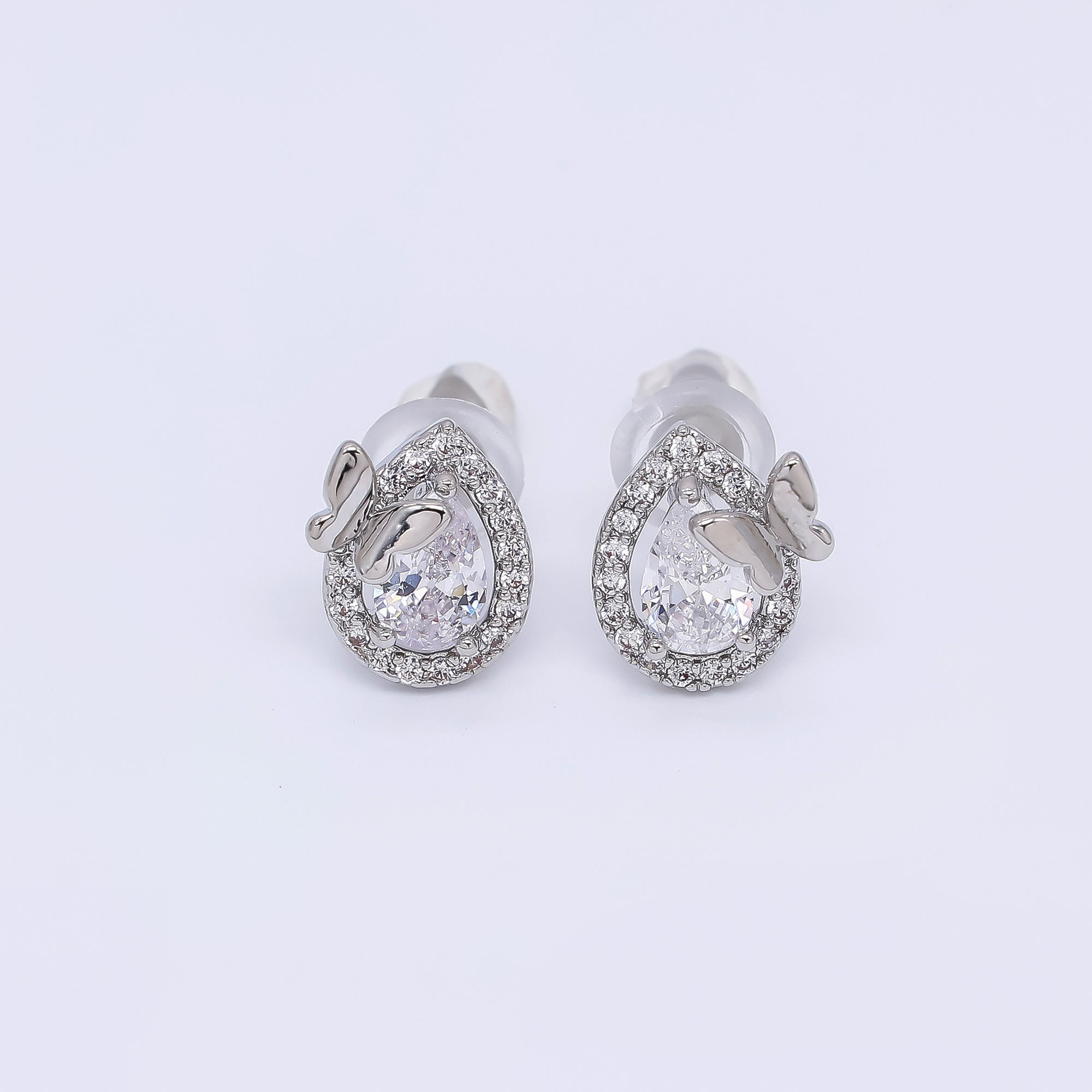 24K Gold Filled 10mm Clear CZ Micro Paved Butterfly Teardrop Stud Earrings in Gold & Silver | AE689 AE712