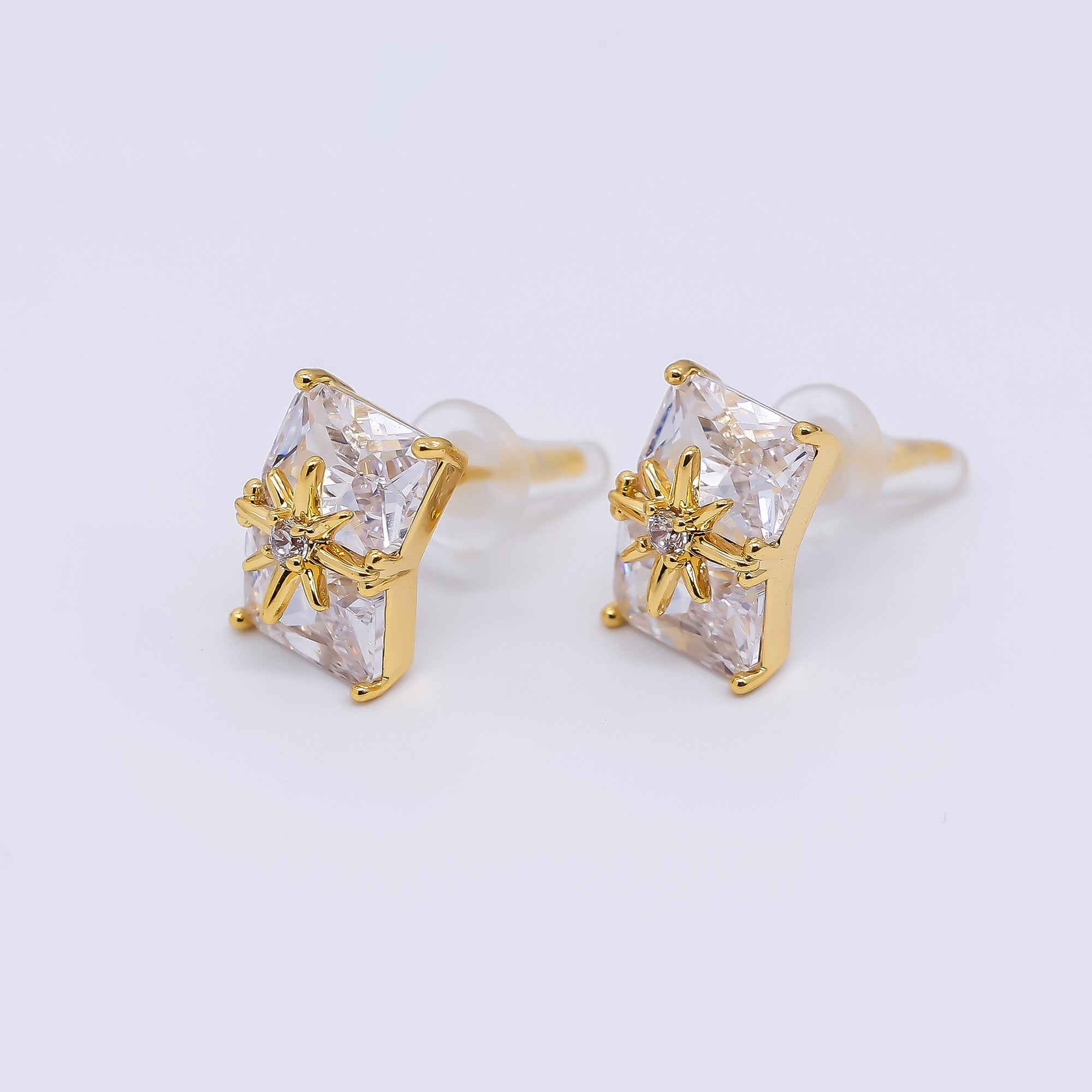 24K Gold Filled 11mm Clear CZ Baguette North Star Stud Earrings in Gold & Silver | AE734 AE741