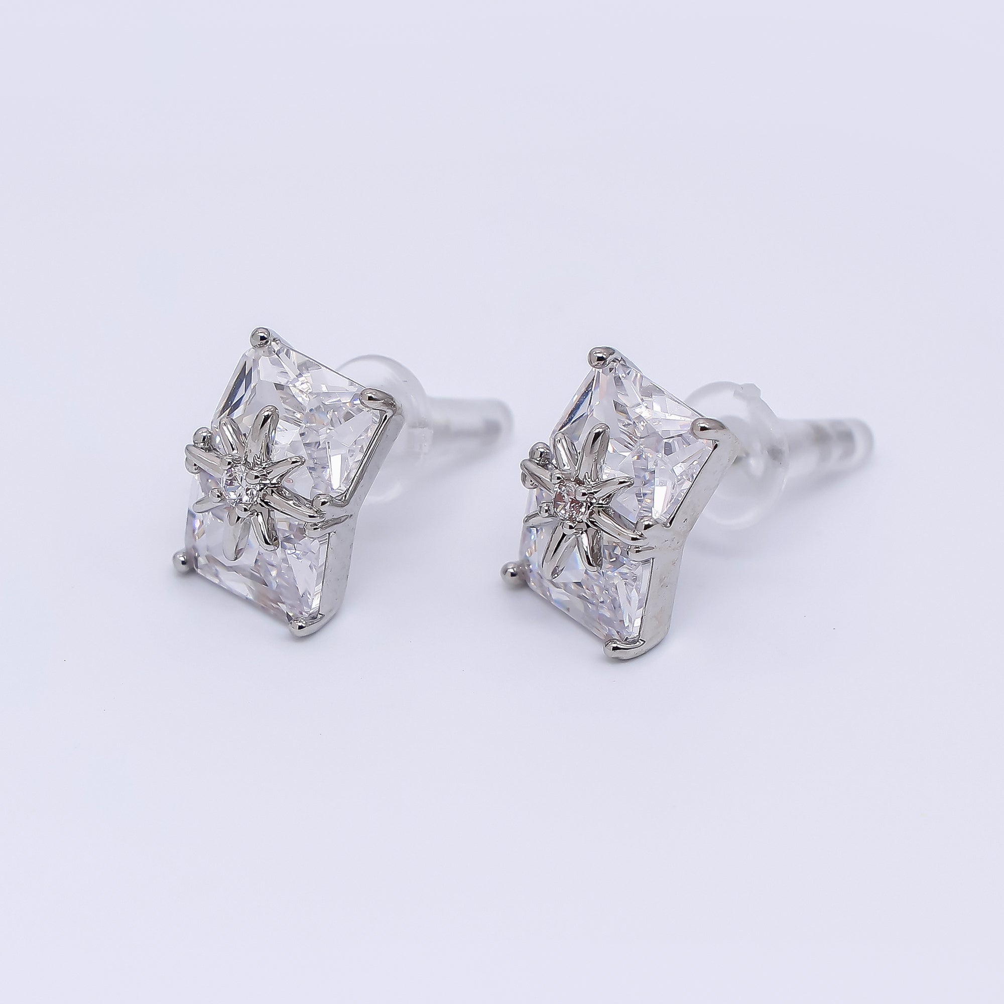 24K Gold Filled 11mm Clear CZ Baguette North Star Stud Earrings in Gold & Silver | AE734 AE741