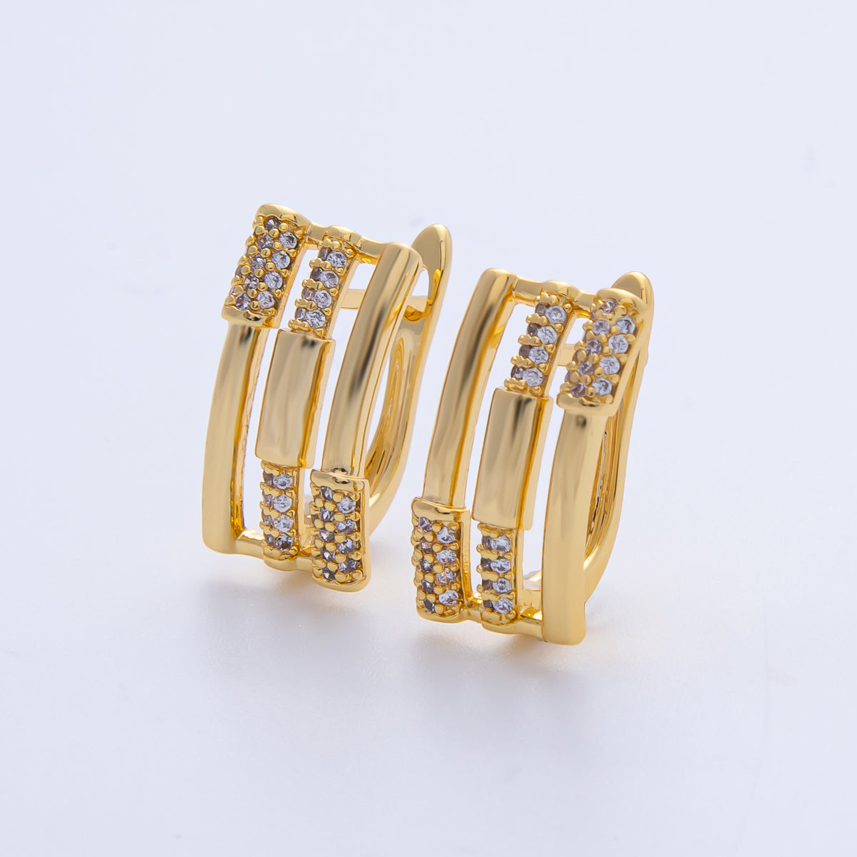 18K Gold Filled 16.5mm Micro Paved CZ Triple Band Oblong English Lock Hoop Earrings | AE827