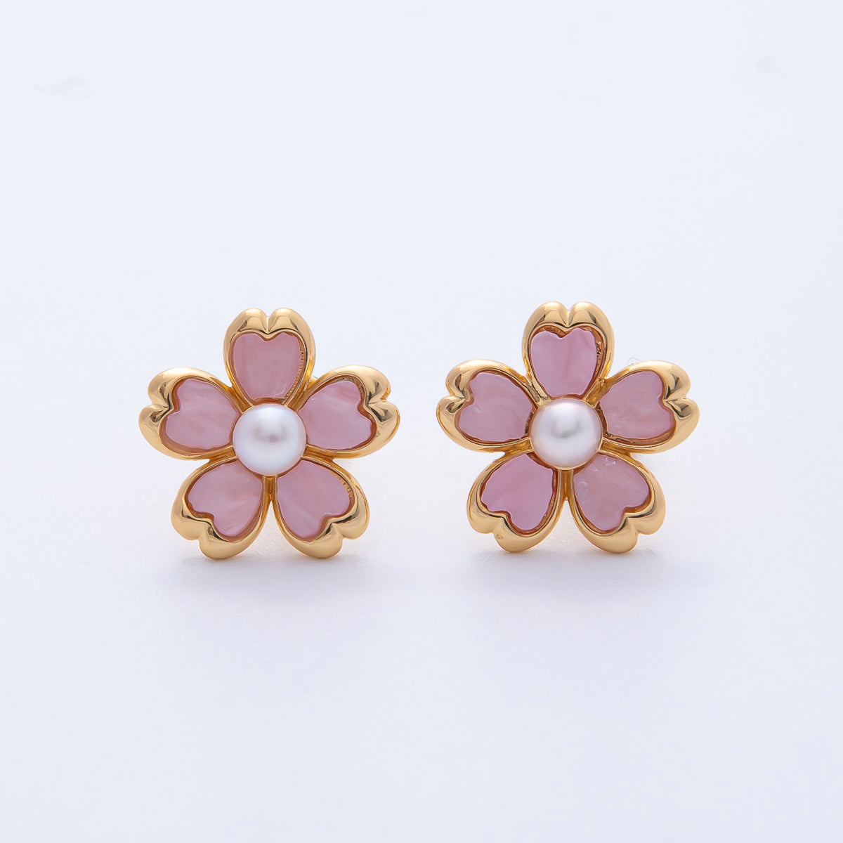 18K Gold Filled 16mm Shell Pearl Pink Flower Stud Earrings | AE828