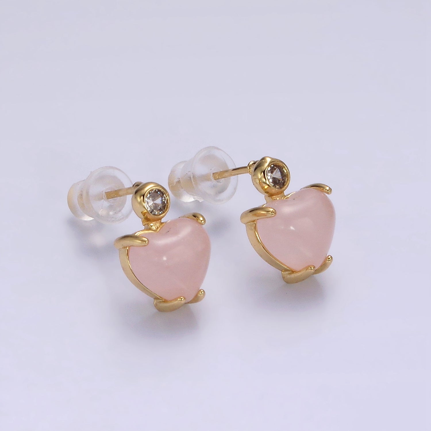 14K Gold Filled Rose Quartz Heart Clear CZ Drop Stud Earrings | AE985
